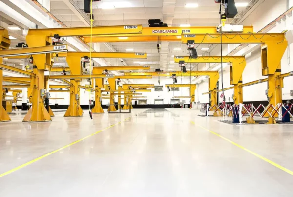 Inside the warehouse with overhead cranes